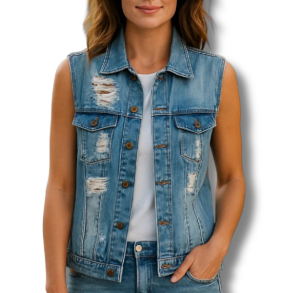 POL Womens Distress Plaid Stonedwashed Denim Vest Sleeveless Frayed Arms Small
